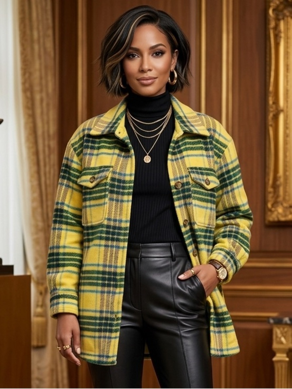 Style & Co. Yellow Plaid Pea Coat with Navy & Green Stripes women’s size large